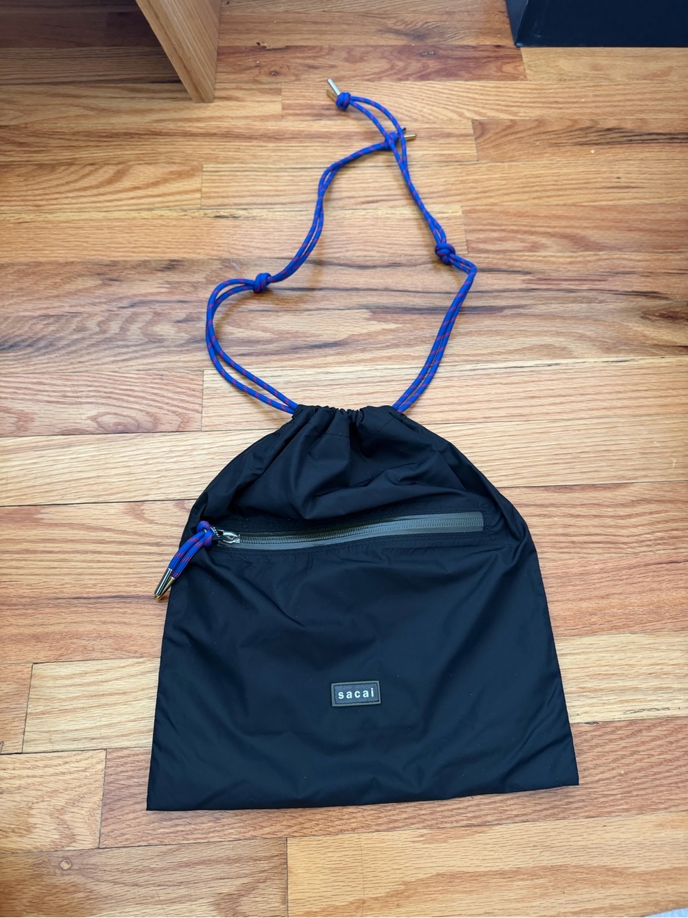 sacai Black Nylon Drawstring Pouch with Blue Cord